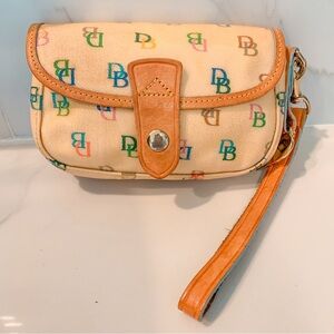 Vtg Y2K Dooney & Bourke Multicolor Canvas Coin Purse Pouch Wallet Wristlet Tan